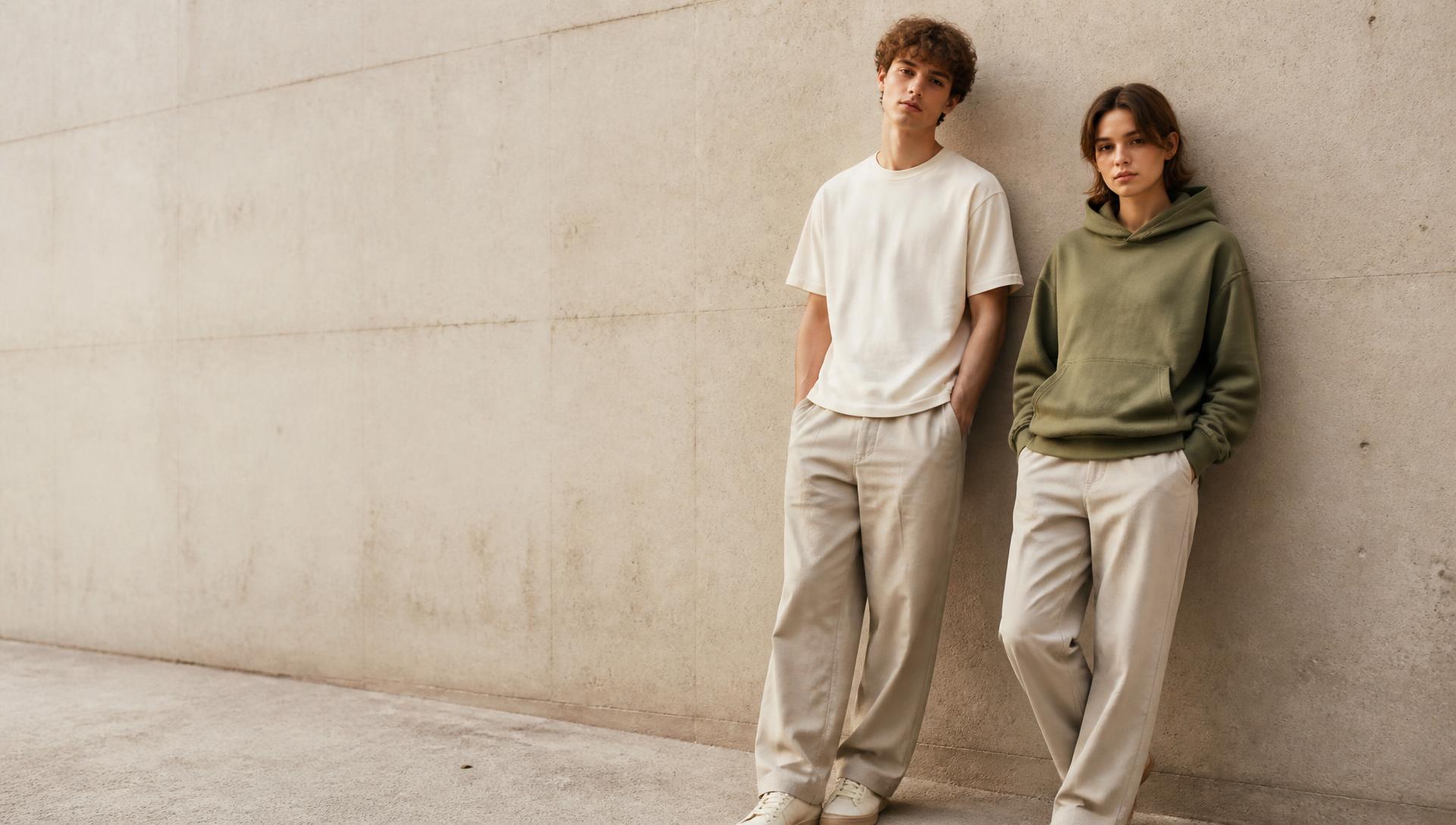 Two people wearing a plain ecru tee, hoodie and relaxed cotton trousers